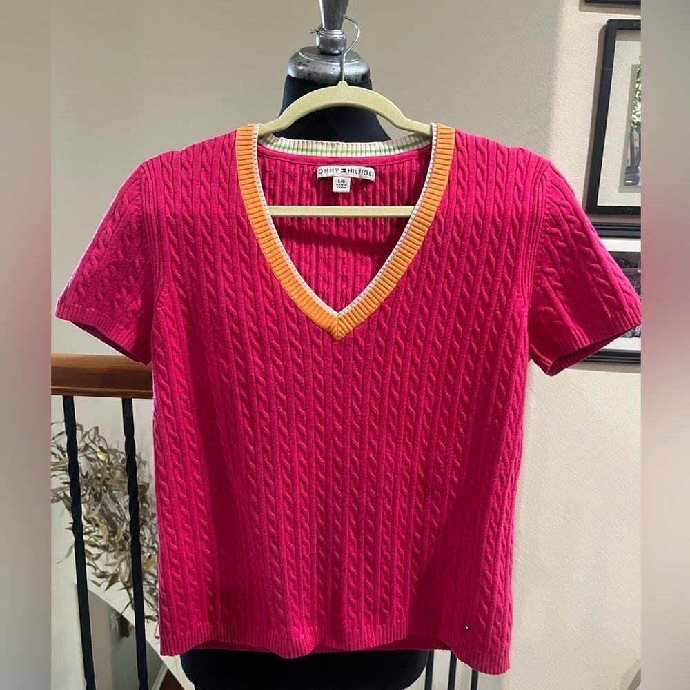 Tommy Hilfiger Vivid Pink SHORT SLEEVE Cable Knit V-Neck SWEATER, WOMEN SIZE L
